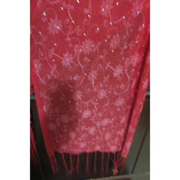 Vintage Red Wine Burgundy Floral Pattern with Sequins Scarf Shawl Wrap Boho - Picture 3 of 4